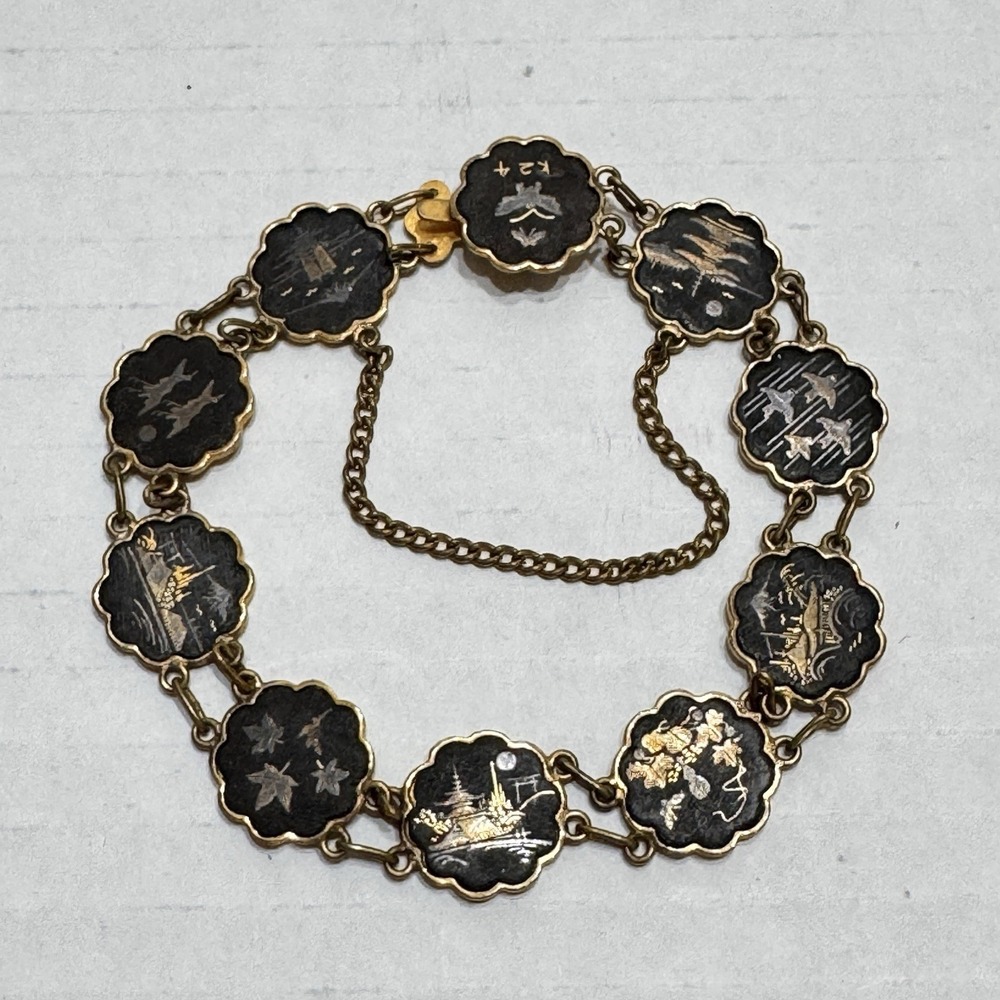 Vintage K24 Japanese Damascene KOMAI BRACELET 10 scenes Pagoda Temple Shakudo